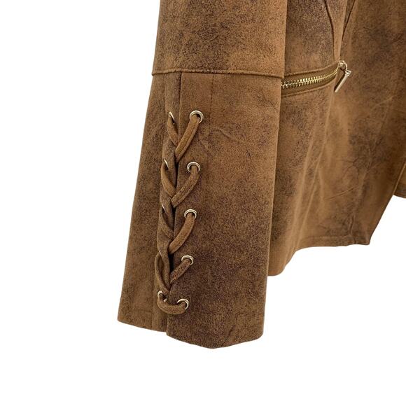 Chicos Faux Suede Jacket Zipper Front Moto Lace Up Sleeves Brown Womens Small 4 - Picture 4 of 8